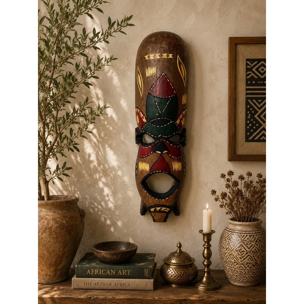 Hand Carved Wooden African Tribal Mask Wall Decor Hand Painted Folk Art 16 Inch